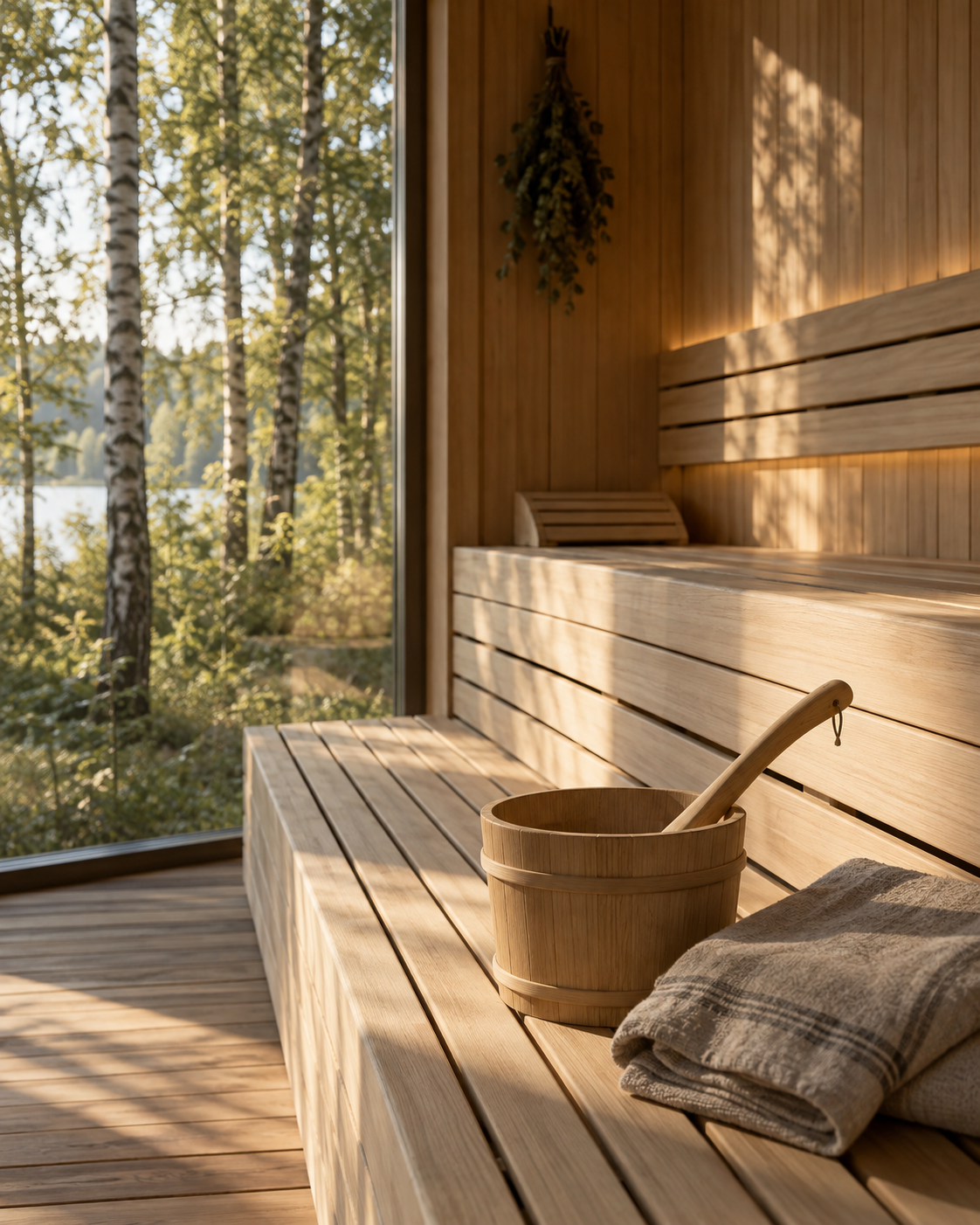 Konzeptbild eines warmen Sauna-Innenraums mit Holzbänken, Aufgusseimer und Blick ins Grüne